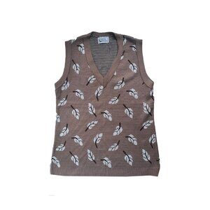 Women's Vintage Campus Knit Sweater Vest Geometric Leaves V-Neck Sleeveless